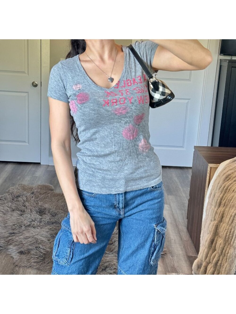 Y2K Indie Grunge Gray American Eagle Graphic Baby Tee Womens XS Skater 2000s